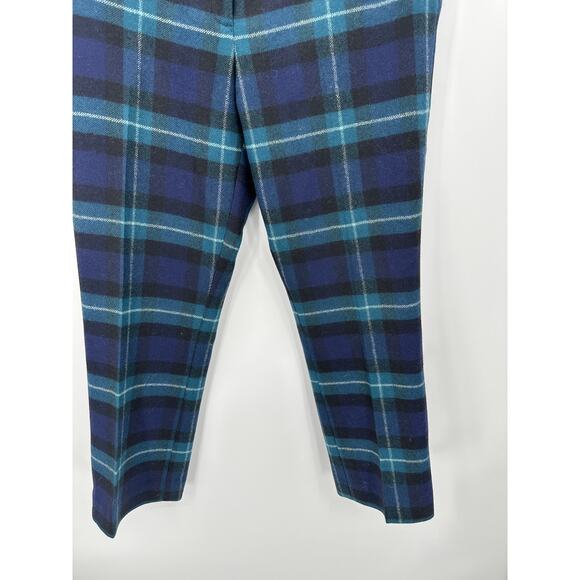 LL Bean Signature Pants Women 16 Blue Green Plaid Wool Trousers Preppy Clue - Picture 3 of 9